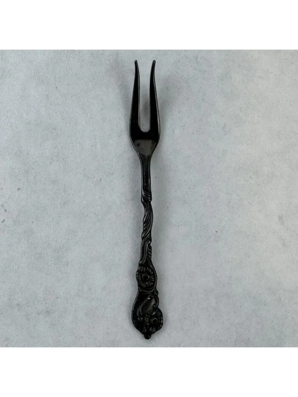 Vintage Swedish Alpaca Slilverplate Cocktail Fork Two-Tine Ornate Floral Patina